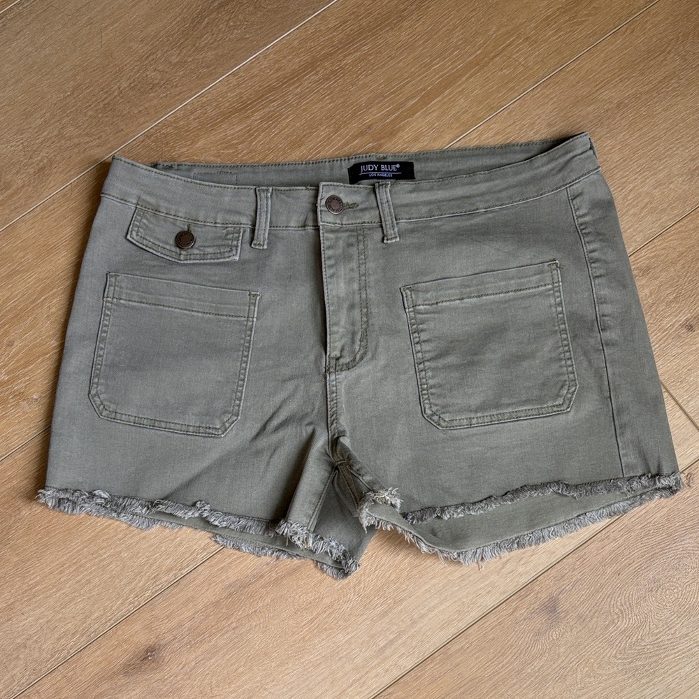 Judy Blue Olive Frayed Hem Dark Olive Shorts by Stitch Fox